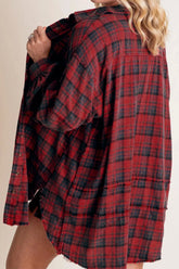 Exposed Seam Plaid Collared Neck Long Sleeve Shirt OutfitFlow